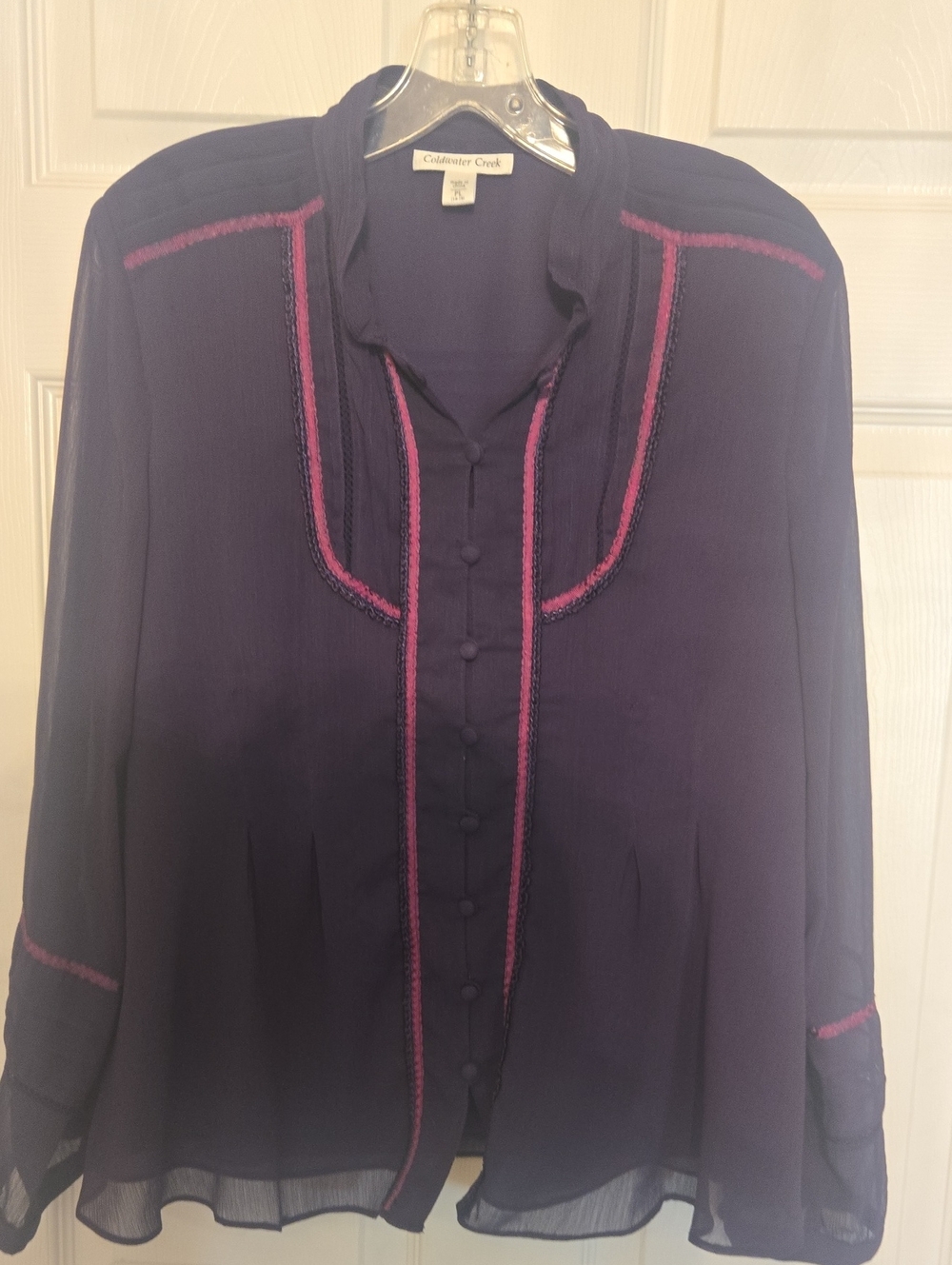 Coldwater Creek Purple Button-Front Blouse with Pink Piping PL